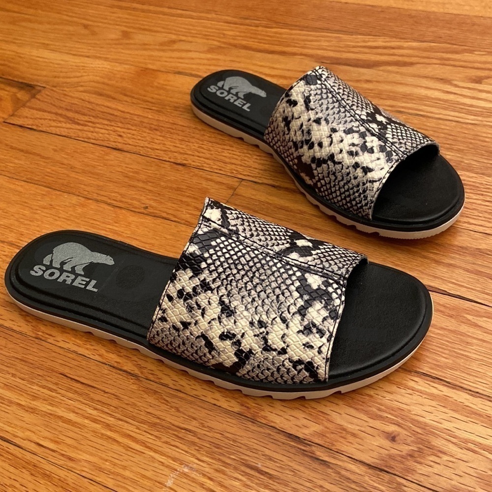 SOREL Women  Black Snake-Embossed Ella Il Leather Slide - Reptile- New